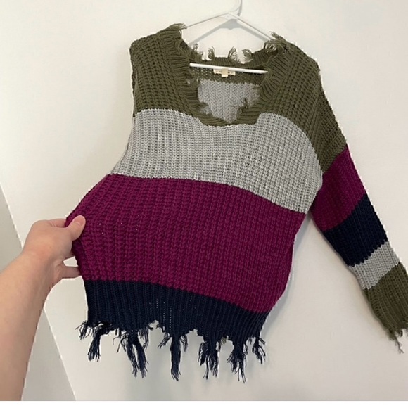 EE:SOME Olive Green Gray Purple Colorblock Striped Chunky Distressed - Picture 9 of 12